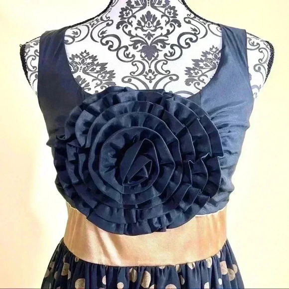 Anthropologie Retro Black Gold Polka Dot Fit & Flare Mini Flower Dress Size S - Picture 2 of 13